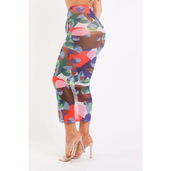 Women's Graphic Printed Mesh Maxi Skirt Party Casual Lace Up V Waist - Picture 6 of 10